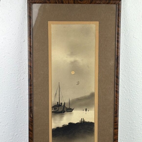 Antique Japanese Landscape Painting Mountain & Boats - Picture 2 of 10